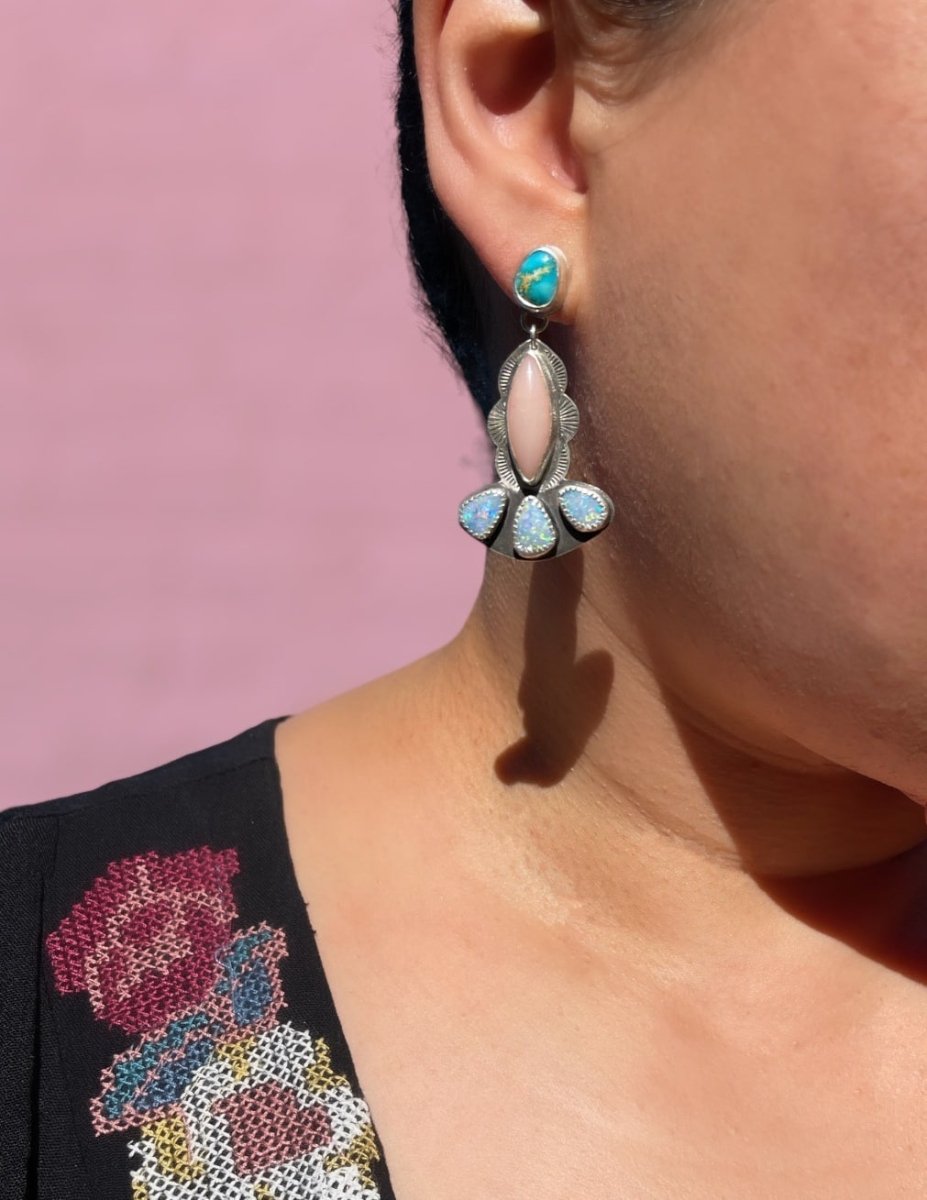 Turquoise, Pink Opal & Boulder Opal Doublet Earrings - Sky Island Jewelry