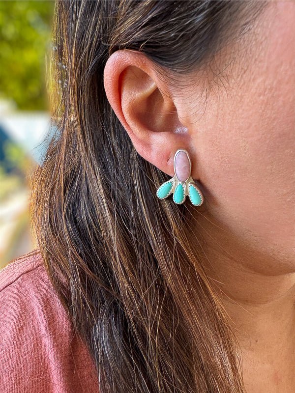 Turquoise & Pink Opal Ear Jackets - Sky Island Jewelry