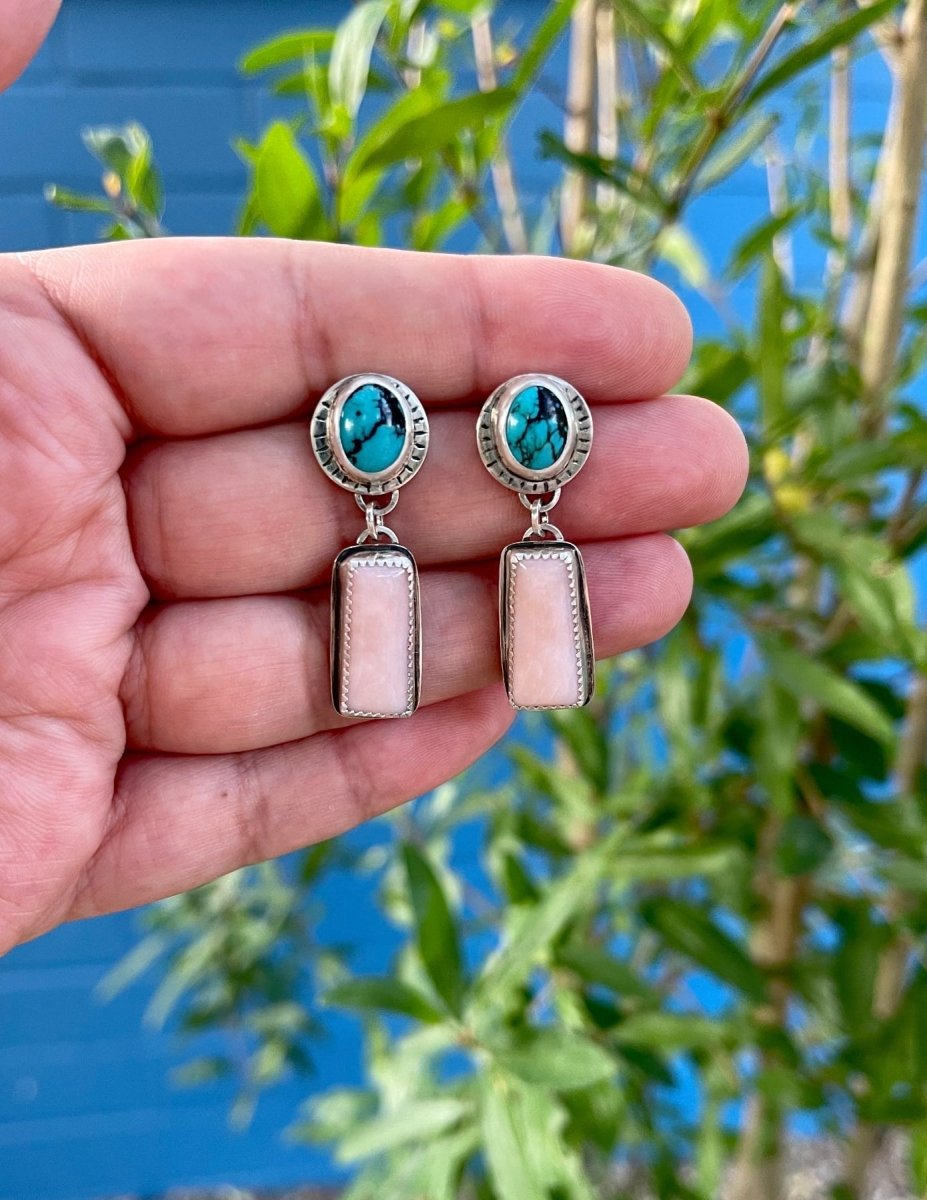 Turquoise & Pink Opal Earrings - Sky Island Jewelry