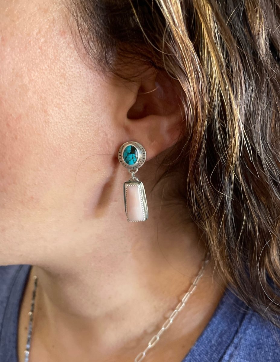 Turquoise & Pink Opal Earrings - Sky Island Jewelry