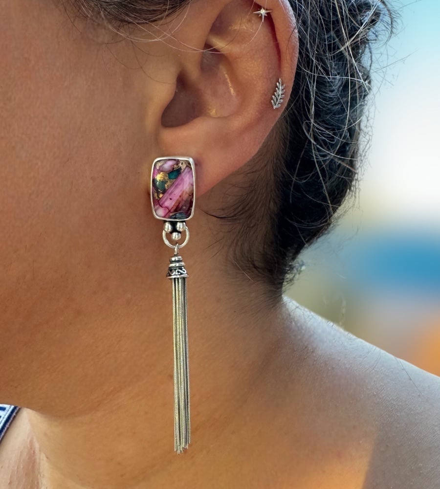 Turquoise & Pink Spiny Oyster Statement Earrings - Sky Island Jewelry