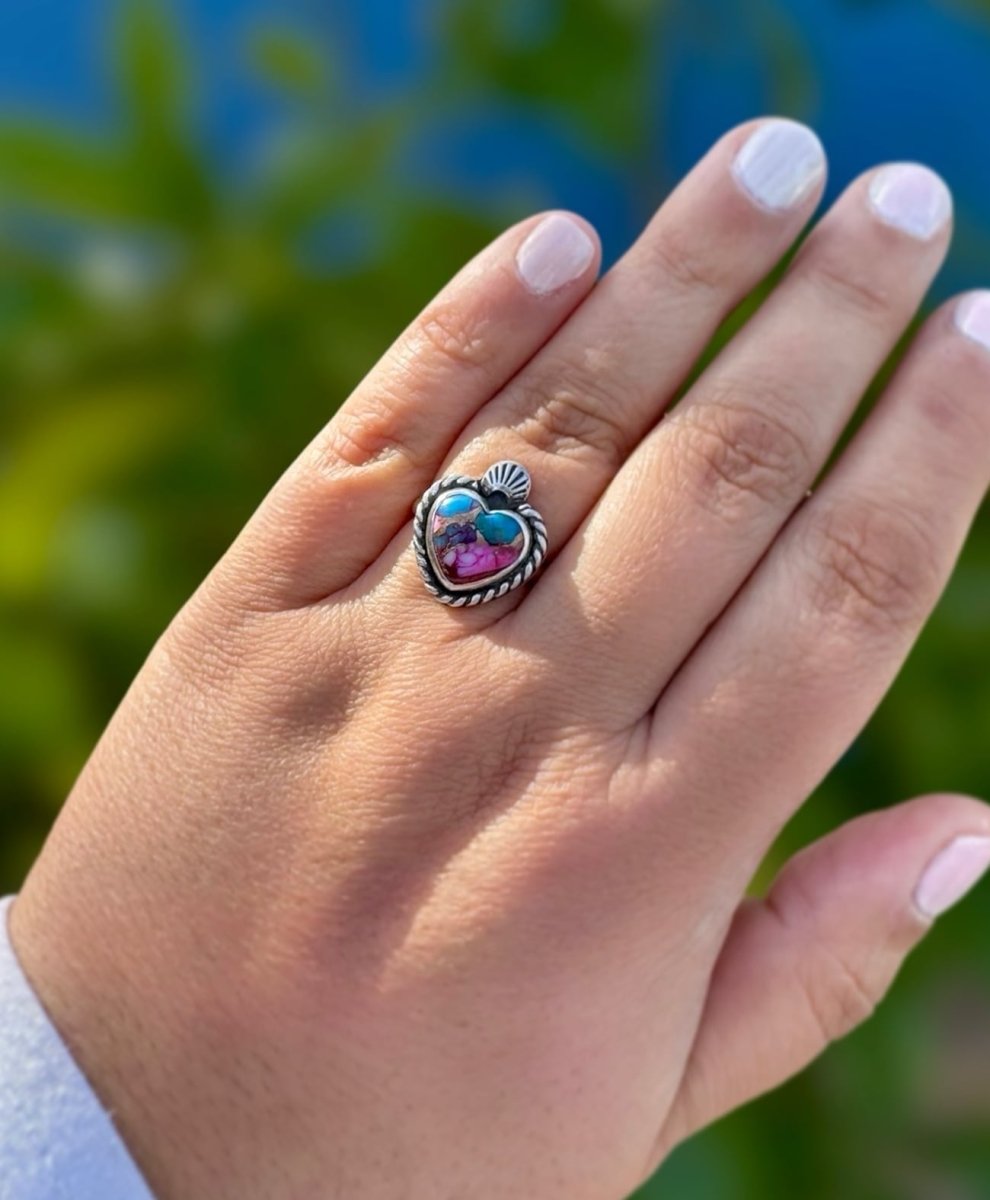 Turquoise & Spiny Oyster Heart Ring - Sky Island Jewelry