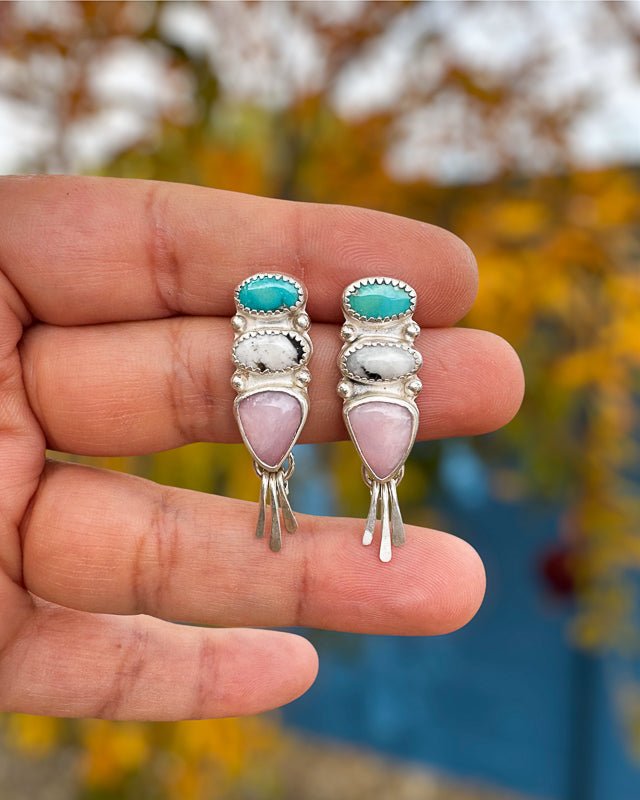 Turquoise, White Buffalo, Pink Opal Earrings - Sky Island Jewelry
