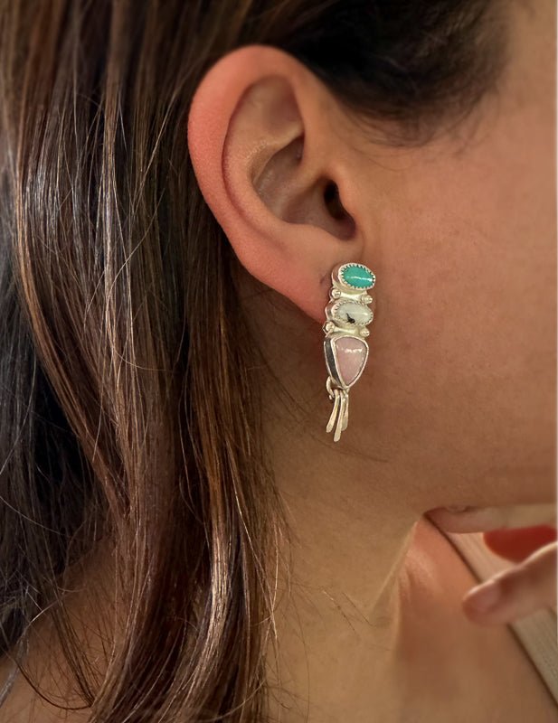 Turquoise, White Buffalo, Pink Opal Earrings - Sky Island Jewelry