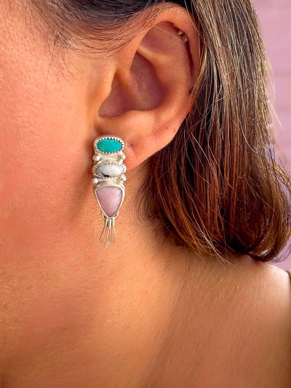 Turquoise, White Buffalo, Pink Opal Earrings - Sky Island Jewelry