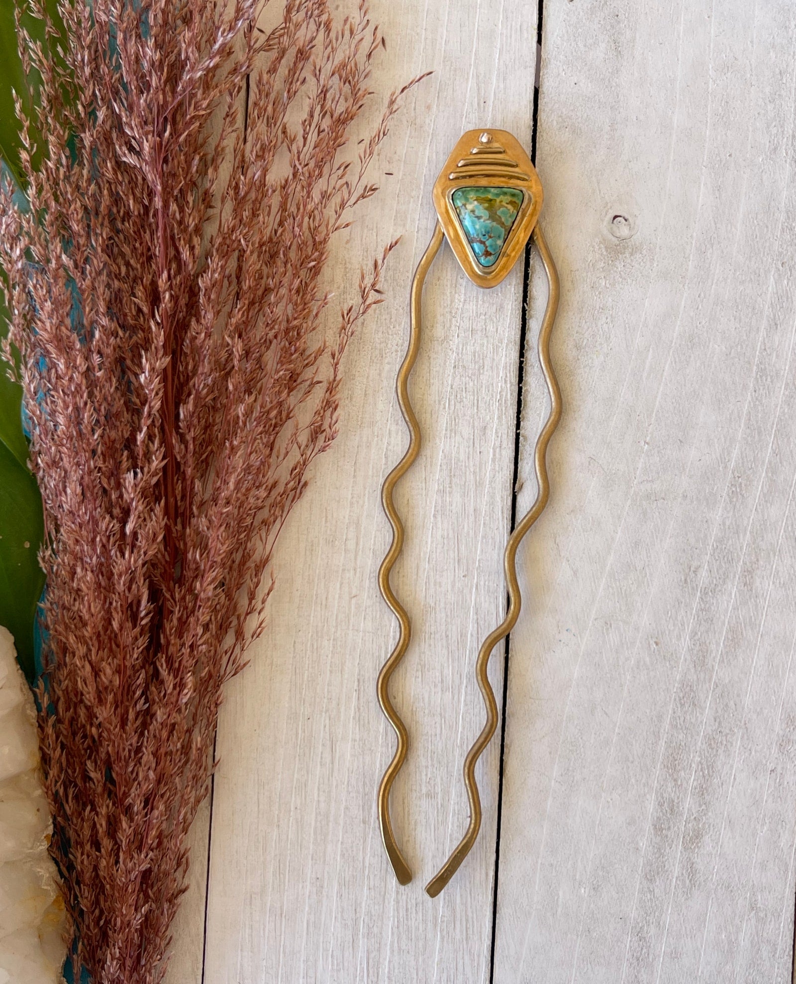 triangle shaped turquoise stone brass hair fork