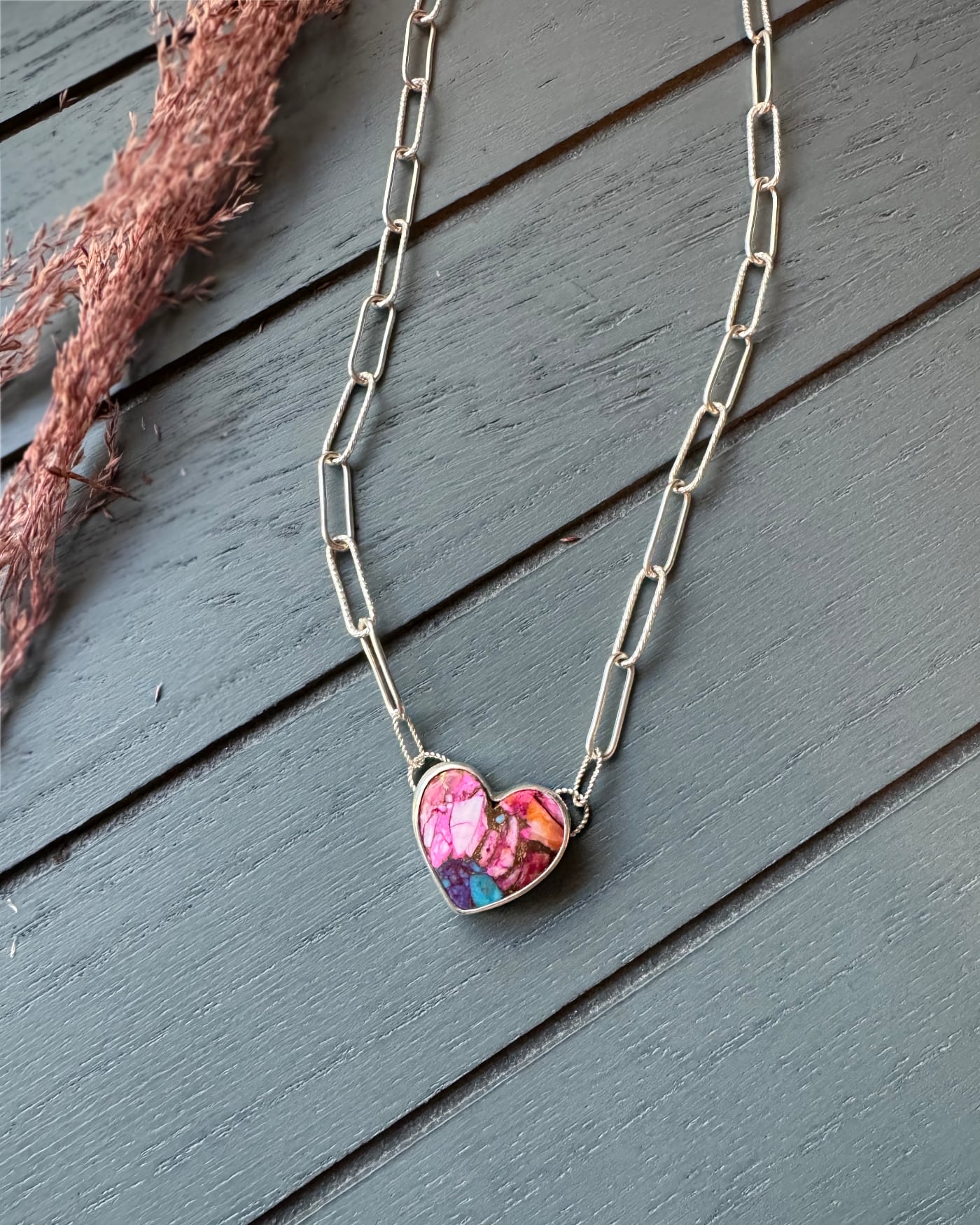 Handmade paperclip chain with a heart shaped stone pendant