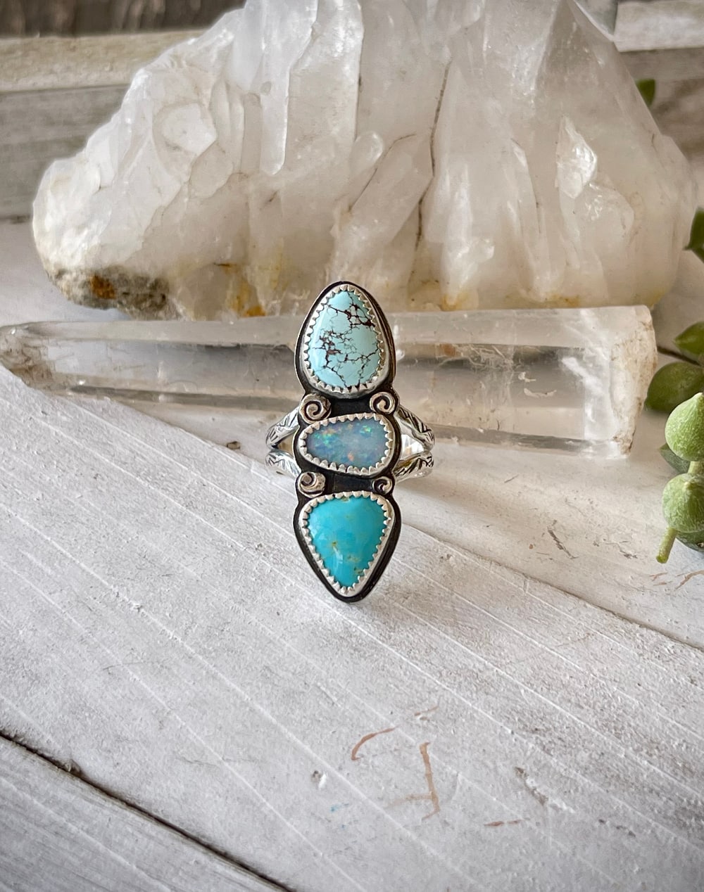 Handstamped Turquoise and Australian opal multistone sterling silver ring