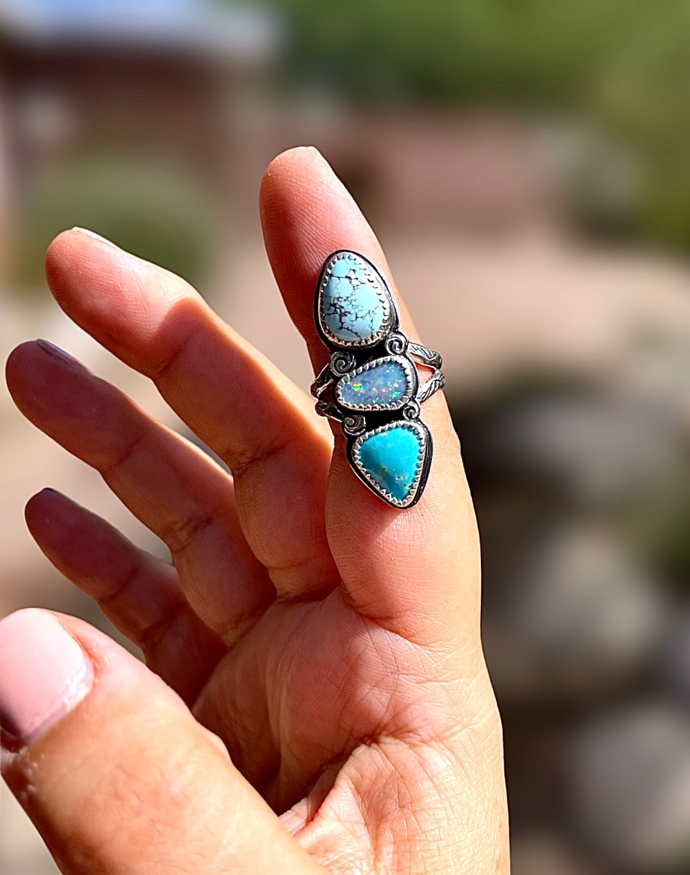 Turquoise and Australian opal multistone sterling silver ring with handstamped details and band