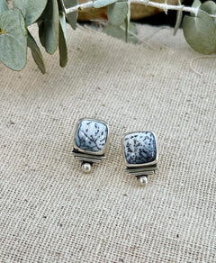 black and white dendritic agate square stone stud earrings, with sterling silver embellishments