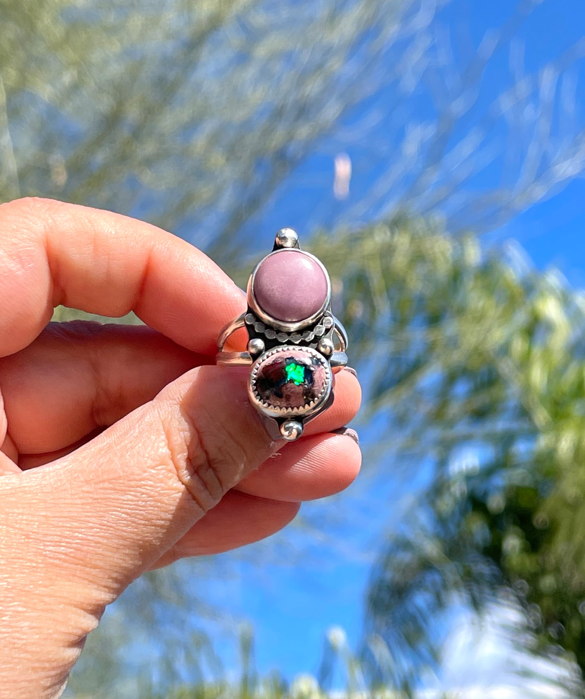 two stone cantera opal and phosphosiderite sterling silver ring with sterling ball and wire embellishments