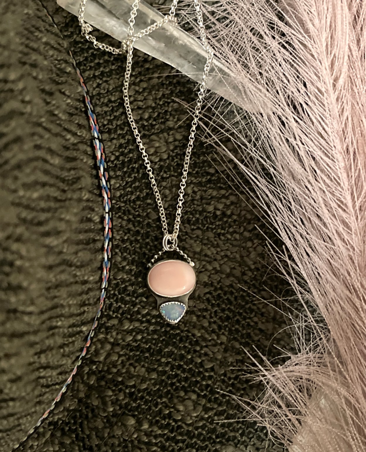 handmade pink opal and australian opal stones on sterling silver chain