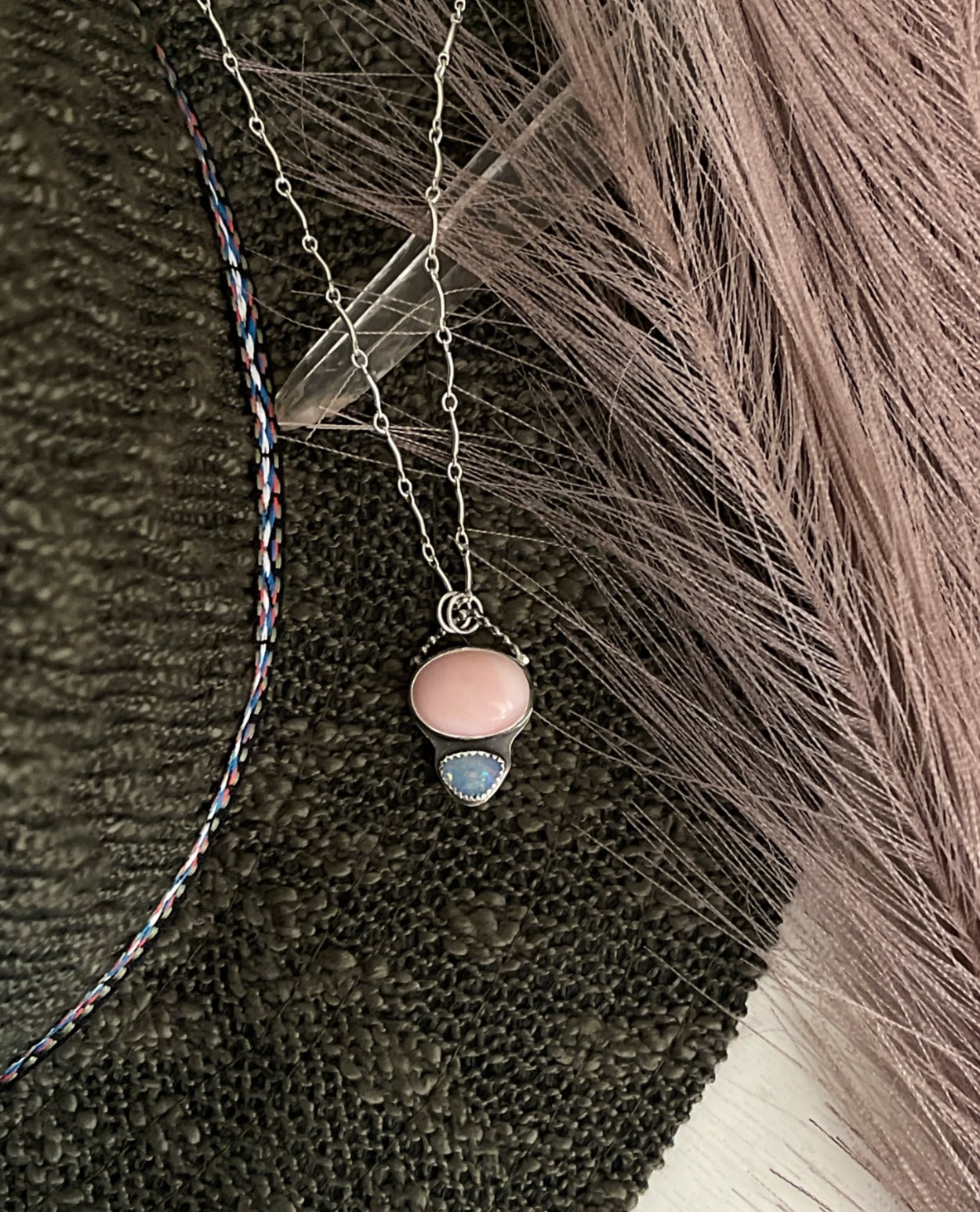 pink opal and australian opal stones on sterling silver chain