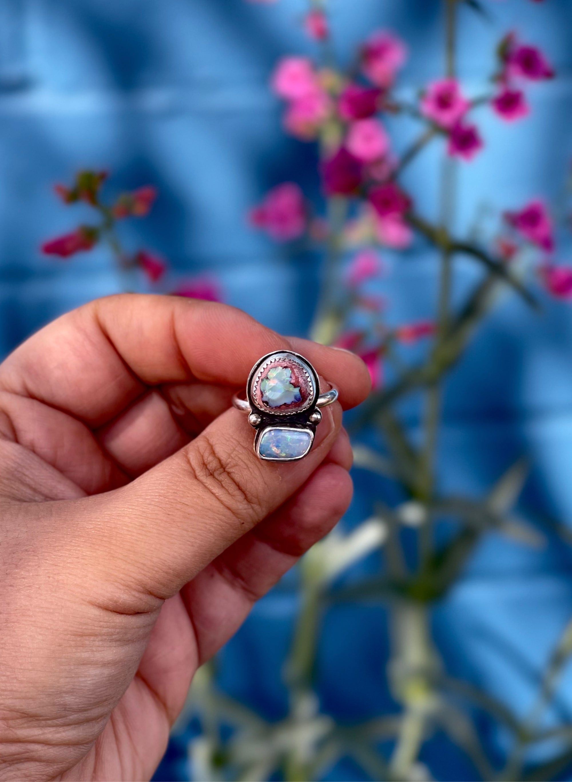 two stone cantera fire opal and blue coober pedy opal with two ball accents on either side sterling silver ring size 7.5