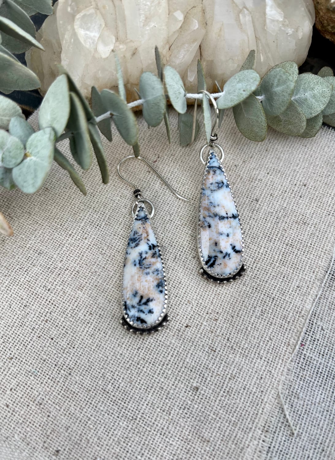 dendritic agate teardrop shaped earrings with bead wire accents sterling silver