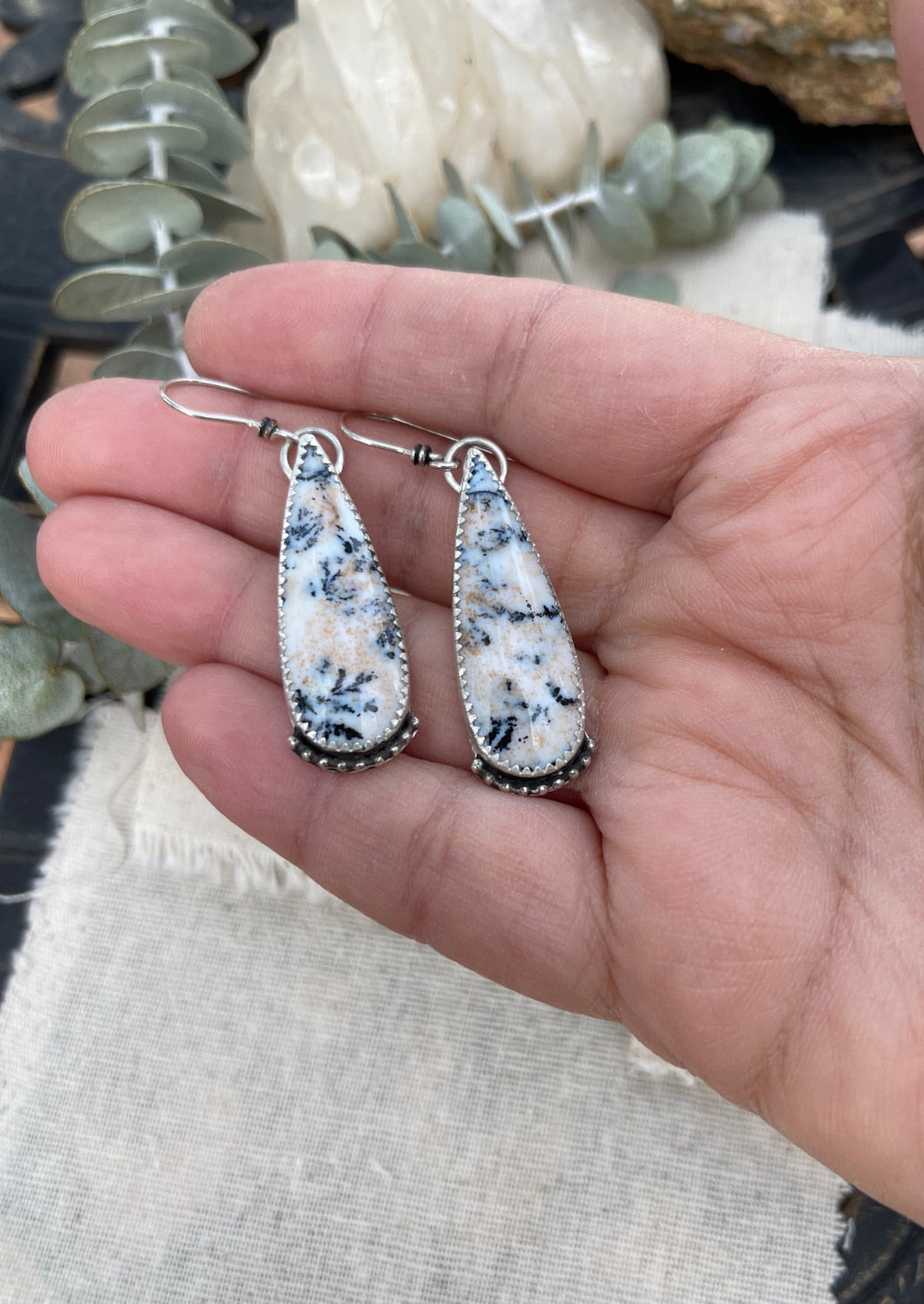 dendritic agate teardrop shaped earrings with bead wire accents and sterling silver ear wires