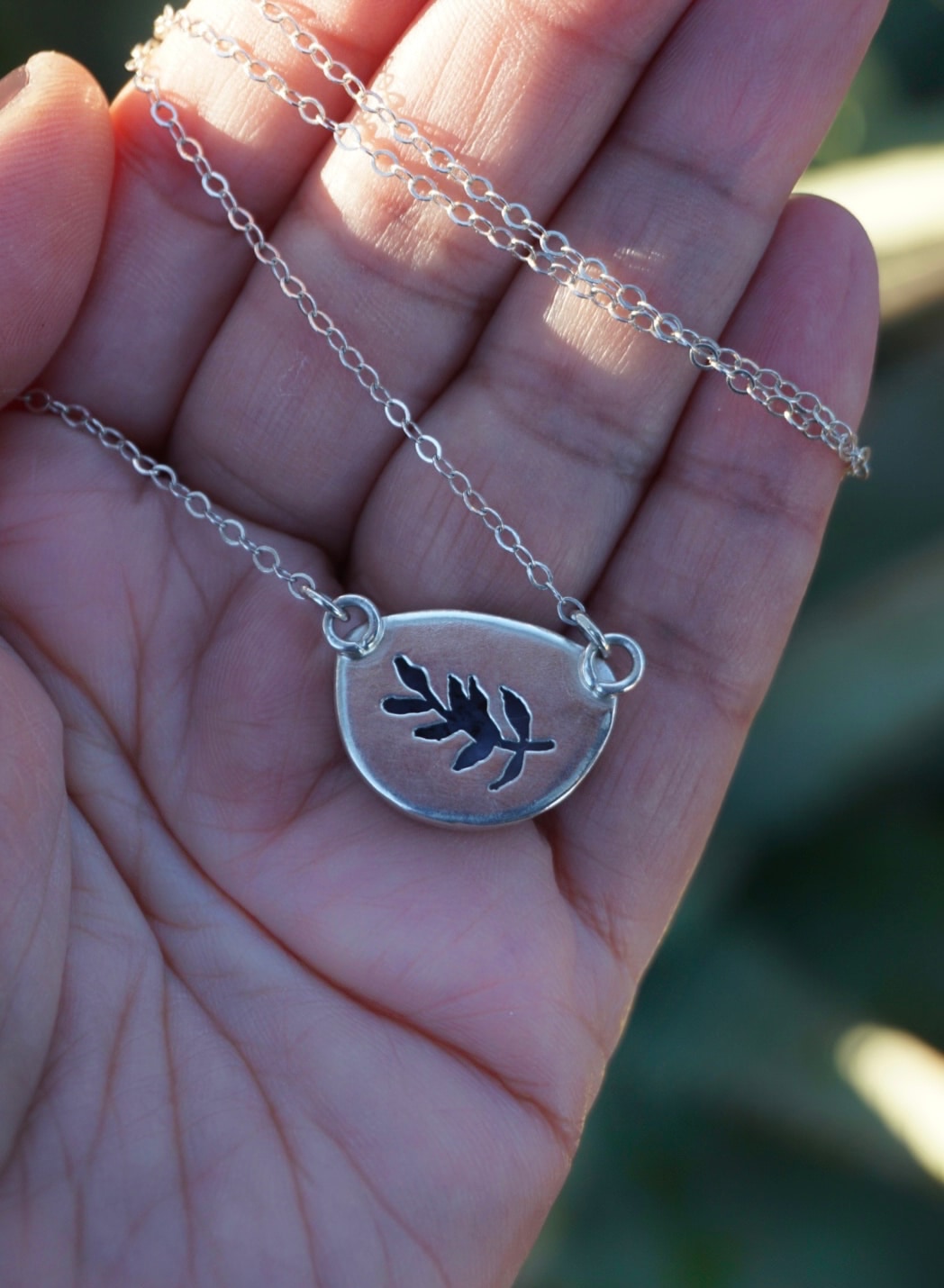 leaf cutout back of dendritic opal sterling silver chain necklace