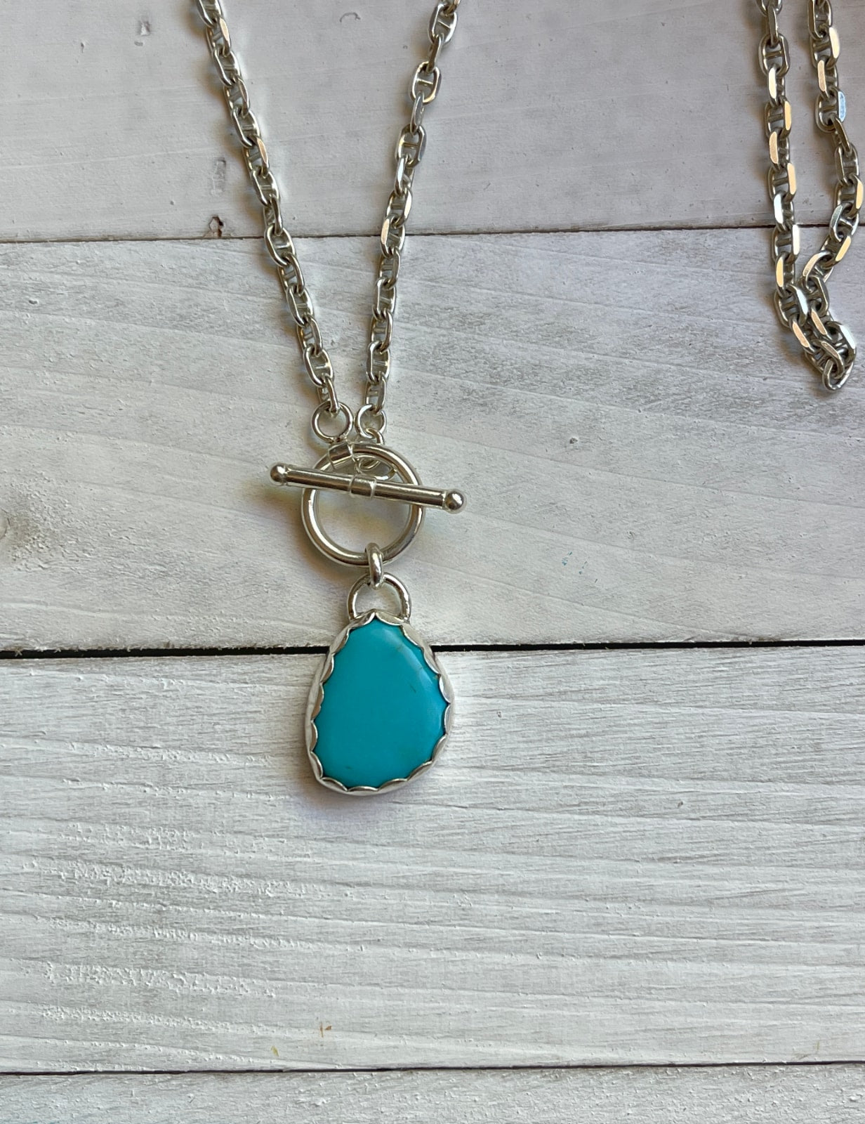 blue turquoise pendant on sterling silver gucci chain with toggle clasp 