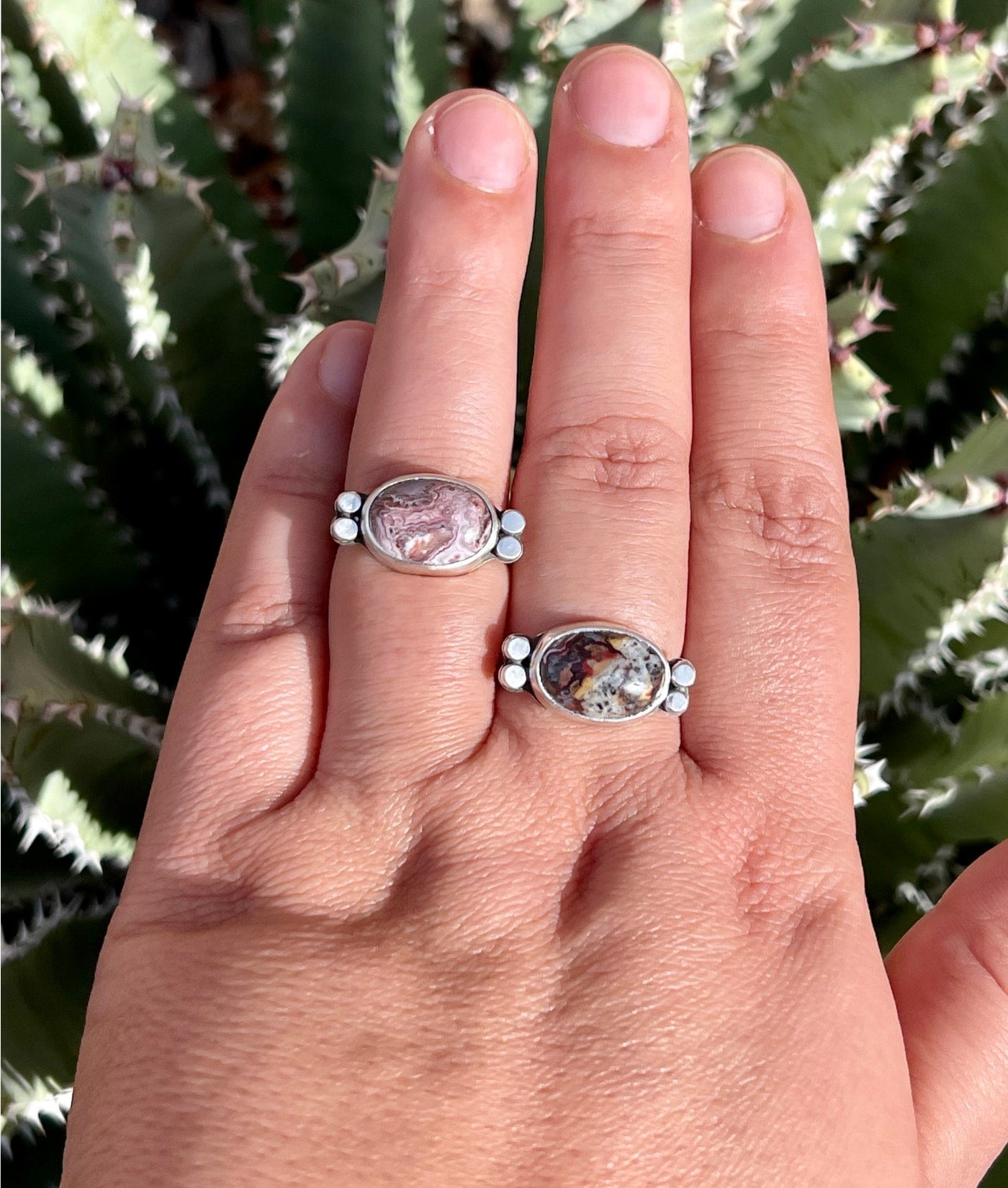 sterling silver lace agate rings shown on hand