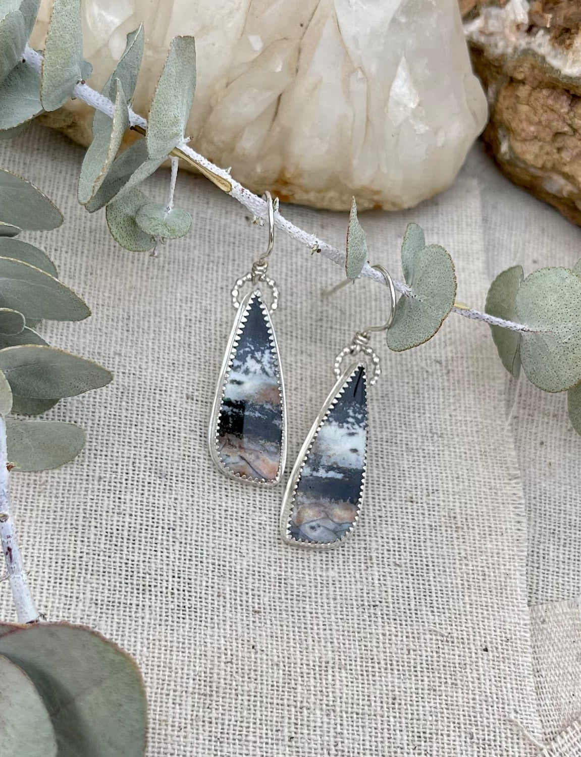 opalized petrified wood teardrop shaped dangle earrings with sterling silver ear wires