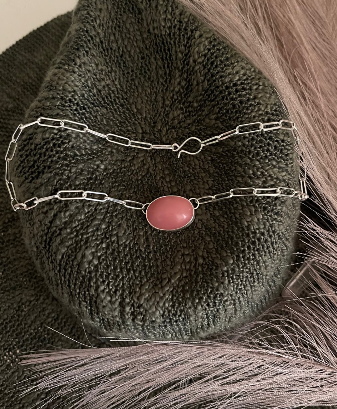 sterling silver paper clip chain choker necklace with an oval shaped pink guava quartz stone