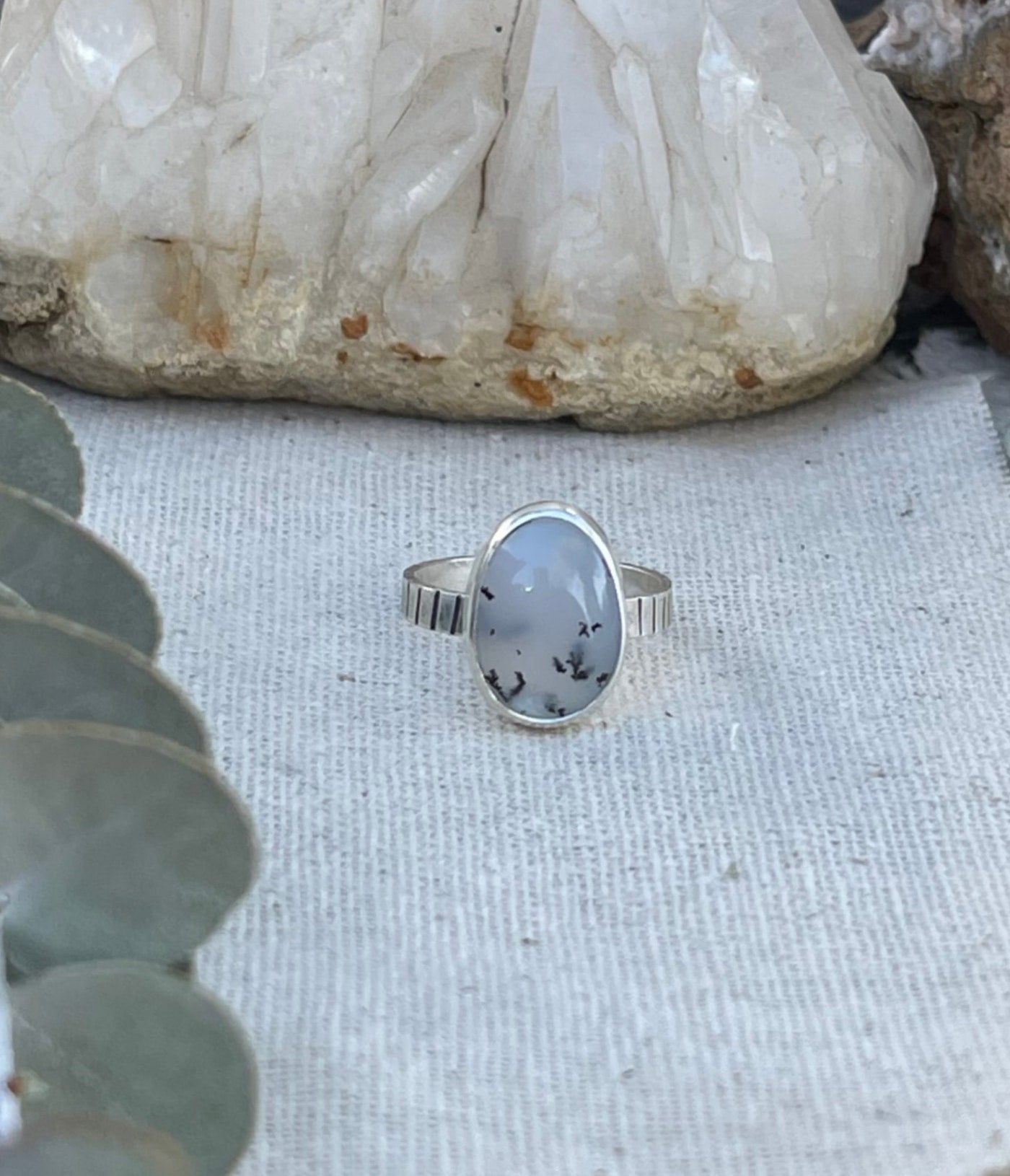 sterling silver white dendritic agate stone solitaire ring with a rustic line stamped band